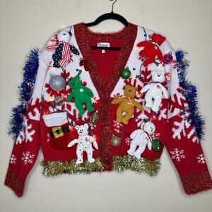 Ugly Christmas Sweater TY Beanie Babies LIGHTS UP Tinsel Xmas Party Winner Small